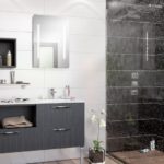 Salle de bain YOU meuble sur pied bois foncé et douche italienne